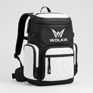 WOLKR Vector Elite Backpack - Gear Edition Professional black and white WOLKR backpack with geometric patterned pockets and white logo.
