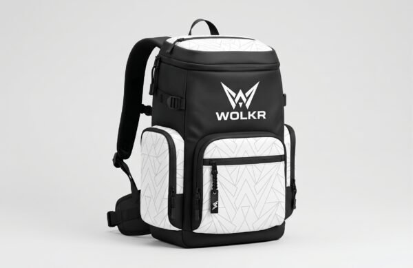 Professional black and white WOLKR backpack with geometric patterned pockets and white logo.