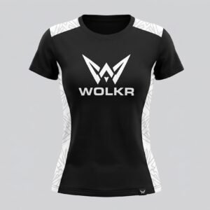 WOLKR Women's Apex Tee - Signature Edition Women's black WOLKR t-shirt with white geometric panels on sides and shoulders and white logo on chest.