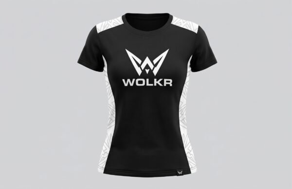 WOLKR Women's Apex Tee - Signature Edition Women's black WOLKR t-shirt with white geometric panels on sides and shoulders and white logo on chest.