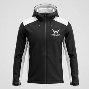 WOLKR Tech-Shield Soft Shell - Performance Edition Technical black and white WOLKR soft shell jacket with geometric shoulder panels and high-neck hood.