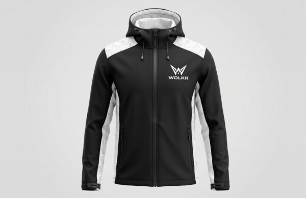 WOLKR Tech-Shield Soft Shell - Performance Edition Technical black and white WOLKR soft shell jacket with geometric shoulder panels and high-neck hood.