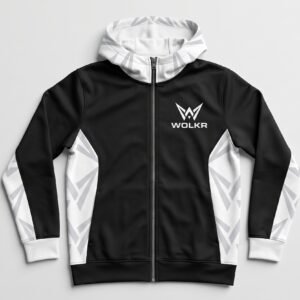 WOLKR Vector Zipper Hoodie - Black and White Full-zip black WOLKR hoodie with white side panels and geometric wolf logo patterns on sleeves and hood.