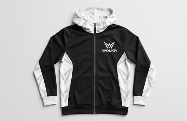 Full-zip black WOLKR hoodie with white side panels and geometric wolf logo patterns on sleeves and hood.