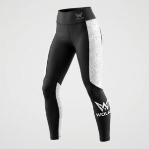WOLKR Kinetic Leggings - Women's Performance Women's high-waisted black WOLKR leggings with white geometric side panels and logo on the calf.