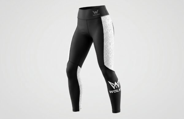 WOLKR Kinetic Leggings - Women's Performance Women's high-waisted black WOLKR leggings with white geometric side panels and logo on the calf.